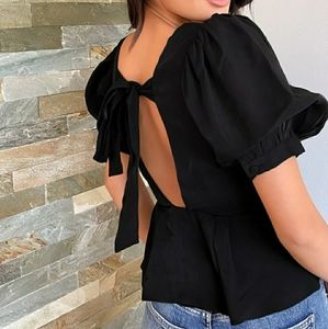 BLACK PUFF SLEEVE TIE BACK PEPLUM TOP